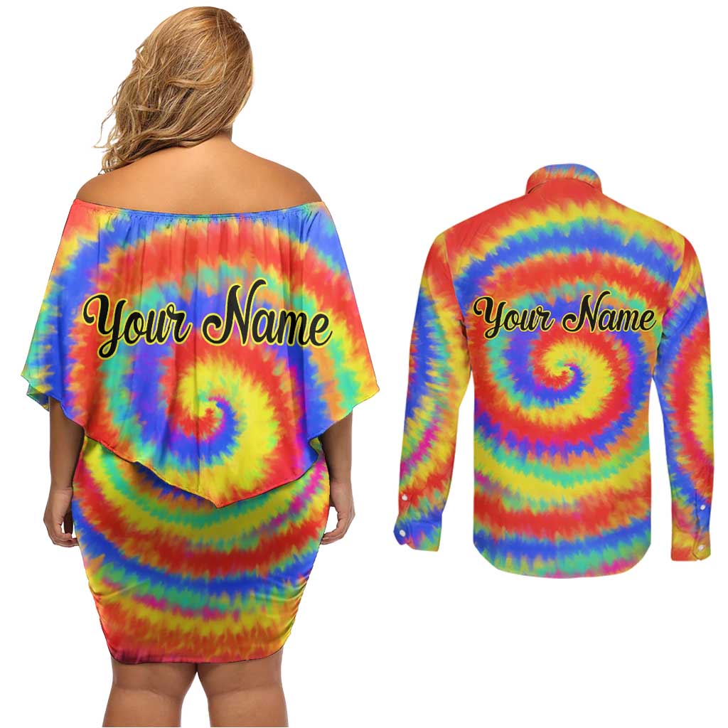 Colorful Tie Dye Spiral Goft Couples Matching Off Shoulder Short Dress and Long Sleeve Button Shirt Custom Name in Retro Psychedelic Style Design - Wonder Print Shop