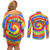 Colorful Tie Dye Spiral Goft Couples Matching Off Shoulder Short Dress and Long Sleeve Button Shirt Custom Name in Retro Psychedelic Style Design - Wonder Print Shop