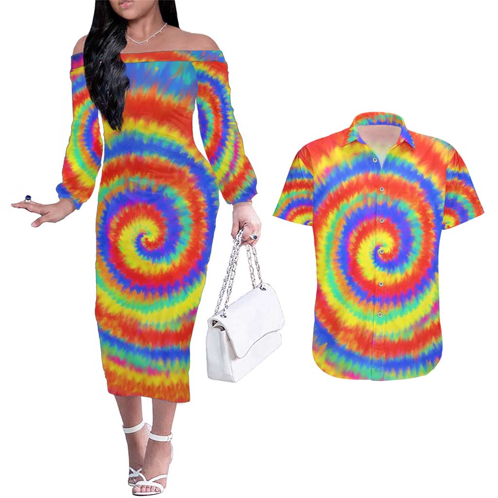 Colorful Tie Dye Spiral Goft Couples Matching Off The Shoulder Long Sleeve Dress and Hawaiian Shirt Custom Name in Retro Psychedelic Style Design - Wonder Print Shop