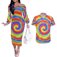 Colorful Tie Dye Spiral Goft Couples Matching Off The Shoulder Long Sleeve Dress and Hawaiian Shirt Custom Name in Retro Psychedelic Style Design - Wonder Print Shop