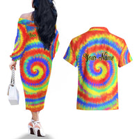 Colorful Tie Dye Spiral Goft Couples Matching Off The Shoulder Long Sleeve Dress and Hawaiian Shirt Custom Name in Retro Psychedelic Style Design - Wonder Print Shop