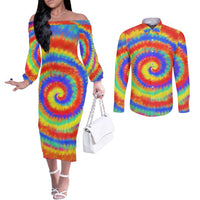 Colorful Tie Dye Spiral Goft Couples Matching Off The Shoulder Long Sleeve Dress and Long Sleeve Button Shirt Custom Name in Retro Psychedelic Style Design - Wonder Print Shop