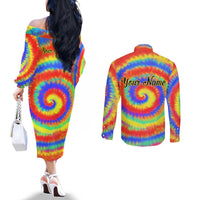 Colorful Tie Dye Spiral Goft Couples Matching Off The Shoulder Long Sleeve Dress and Long Sleeve Button Shirt Custom Name in Retro Psychedelic Style Design - Wonder Print Shop