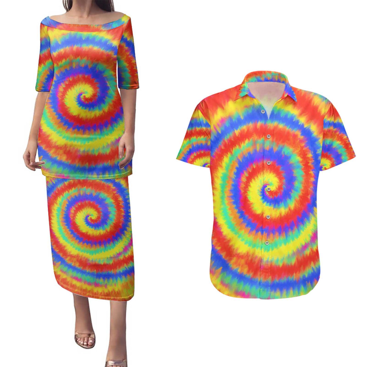 Colorful Tie Dye Spiral Goft Couples Matching Puletasi and Hawaiian Shirt Custom Name in Retro Psychedelic Style Design - Wonder Print Shop