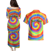 Colorful Tie Dye Spiral Goft Couples Matching Puletasi and Hawaiian Shirt Custom Name in Retro Psychedelic Style Design - Wonder Print Shop