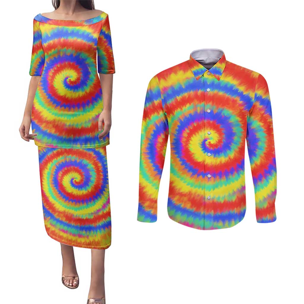 Colorful Tie Dye Spiral Goft Couples Matching Puletasi and Long Sleeve Button Shirt Custom Name in Retro Psychedelic Style Design - Wonder Print Shop