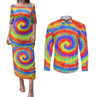 Colorful Tie Dye Spiral Goft Couples Matching Puletasi and Long Sleeve Button Shirt Custom Name in Retro Psychedelic Style Design - Wonder Print Shop