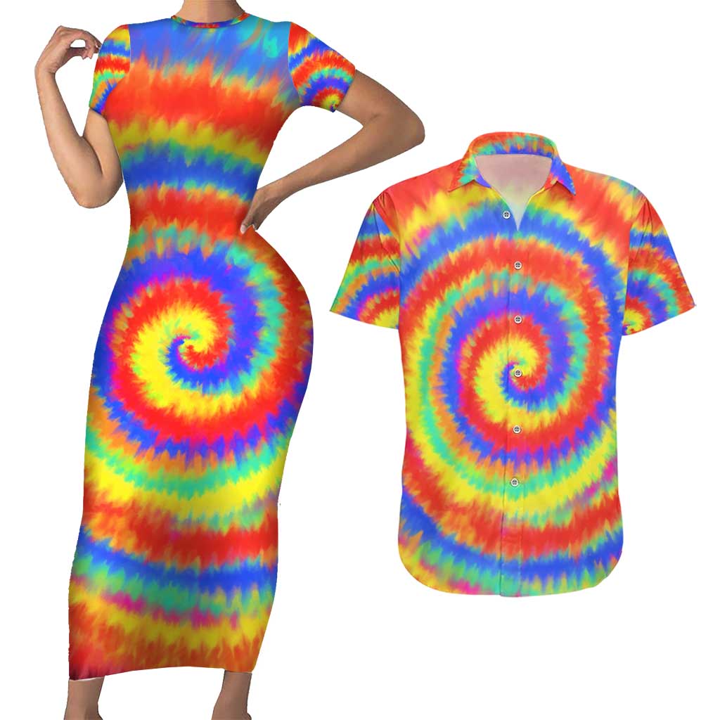 Colorful Tie Dye Spiral Goft Couples Matching Short Sleeve Bodycon Dress and Hawaiian Shirt Custom Name in Retro Psychedelic Style Design - Wonder Print Shop