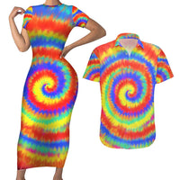 Colorful Tie Dye Spiral Goft Couples Matching Short Sleeve Bodycon Dress and Hawaiian Shirt Custom Name in Retro Psychedelic Style Design - Wonder Print Shop