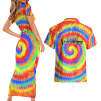 Colorful Tie Dye Spiral Goft Couples Matching Short Sleeve Bodycon Dress and Hawaiian Shirt Custom Name in Retro Psychedelic Style Design - Wonder Print Shop