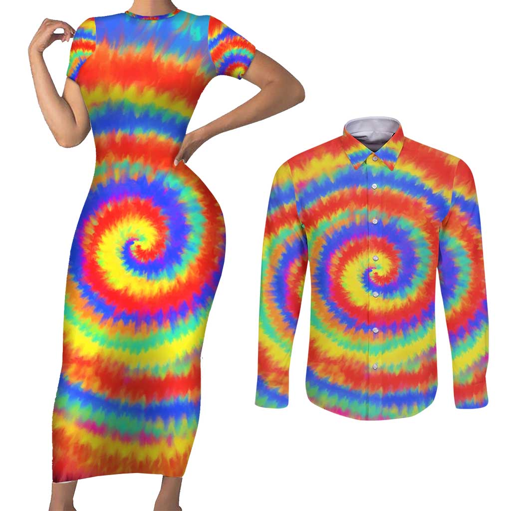 Colorful Tie Dye Spiral Goft Couples Matching Short Sleeve Bodycon Dress and Long Sleeve Button Shirt Custom Name in Retro Psychedelic Style Design - Wonder Print Shop