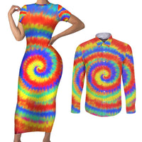Colorful Tie Dye Spiral Goft Couples Matching Short Sleeve Bodycon Dress and Long Sleeve Button Shirt Custom Name in Retro Psychedelic Style Design - Wonder Print Shop