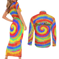Colorful Tie Dye Spiral Goft Couples Matching Short Sleeve Bodycon Dress and Long Sleeve Button Shirt Custom Name in Retro Psychedelic Style Design - Wonder Print Shop