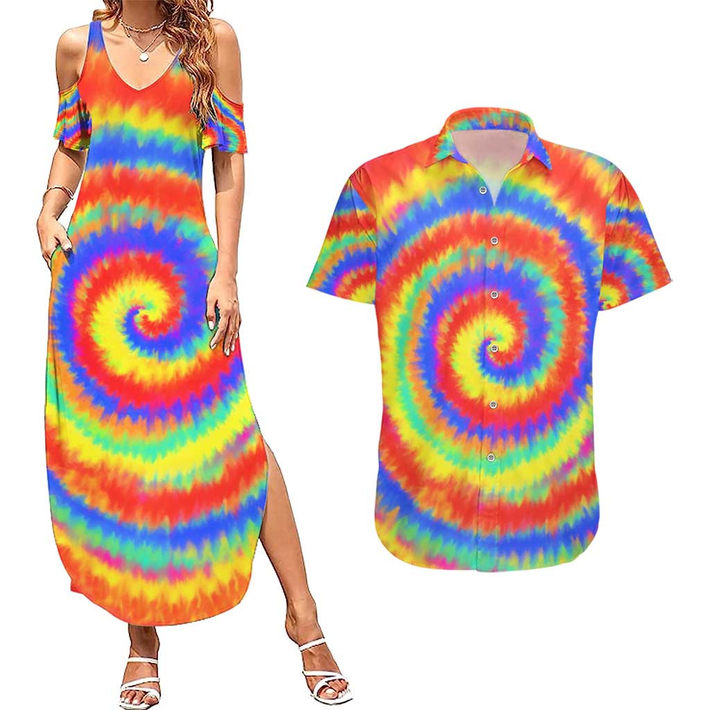 Colorful Tie Dye Spiral Goft Couples Matching Summer Maxi Dress and Hawaiian Shirt Custom Name in Retro Psychedelic Style Design - Wonder Print Shop