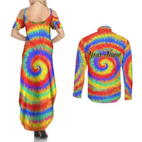 Colorful Tie Dye Spiral Goft Couples Matching Summer Maxi Dress and Long Sleeve Button Shirt Custom Name in Retro Psychedelic Style Design - Wonder Print Shop