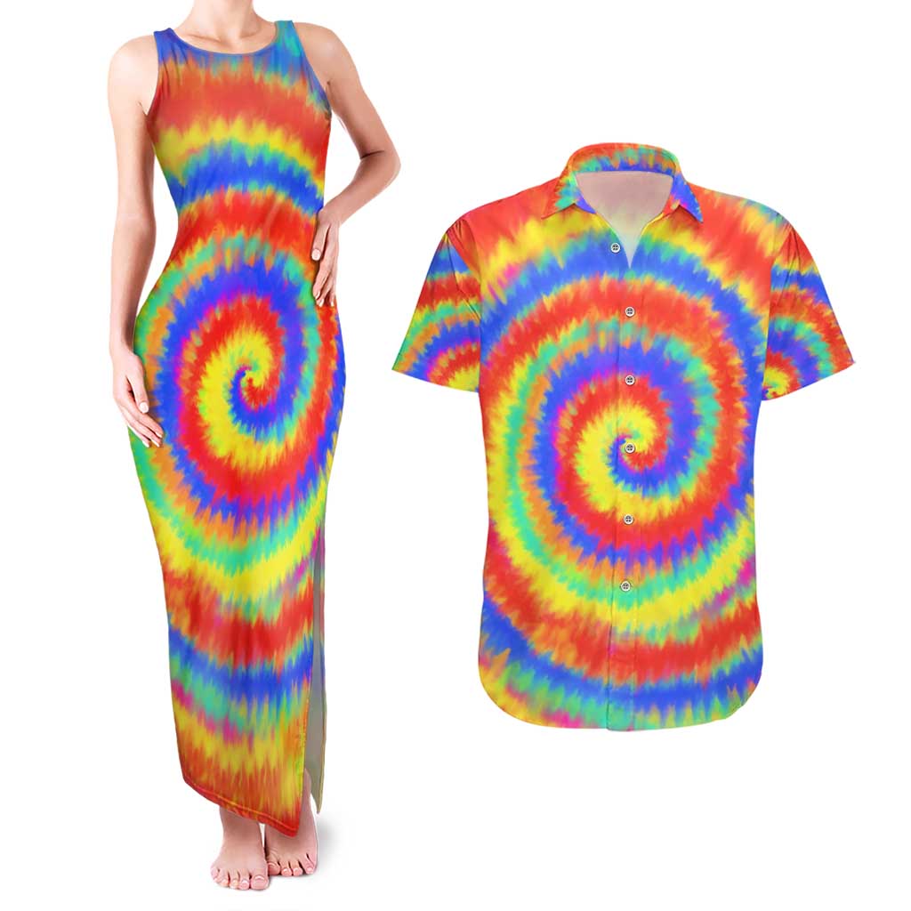 Colorful Tie Dye Spiral Goft Couples Matching Tank Maxi Dress and Hawaiian Shirt Custom Name in Retro Psychedelic Style Design - Wonder Print Shop