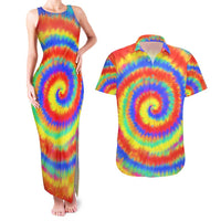 Colorful Tie Dye Spiral Goft Couples Matching Tank Maxi Dress and Hawaiian Shirt Custom Name in Retro Psychedelic Style Design - Wonder Print Shop