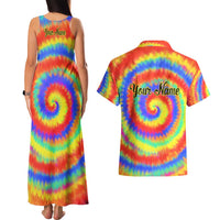 Colorful Tie Dye Spiral Goft Couples Matching Tank Maxi Dress and Hawaiian Shirt Custom Name in Retro Psychedelic Style Design - Wonder Print Shop