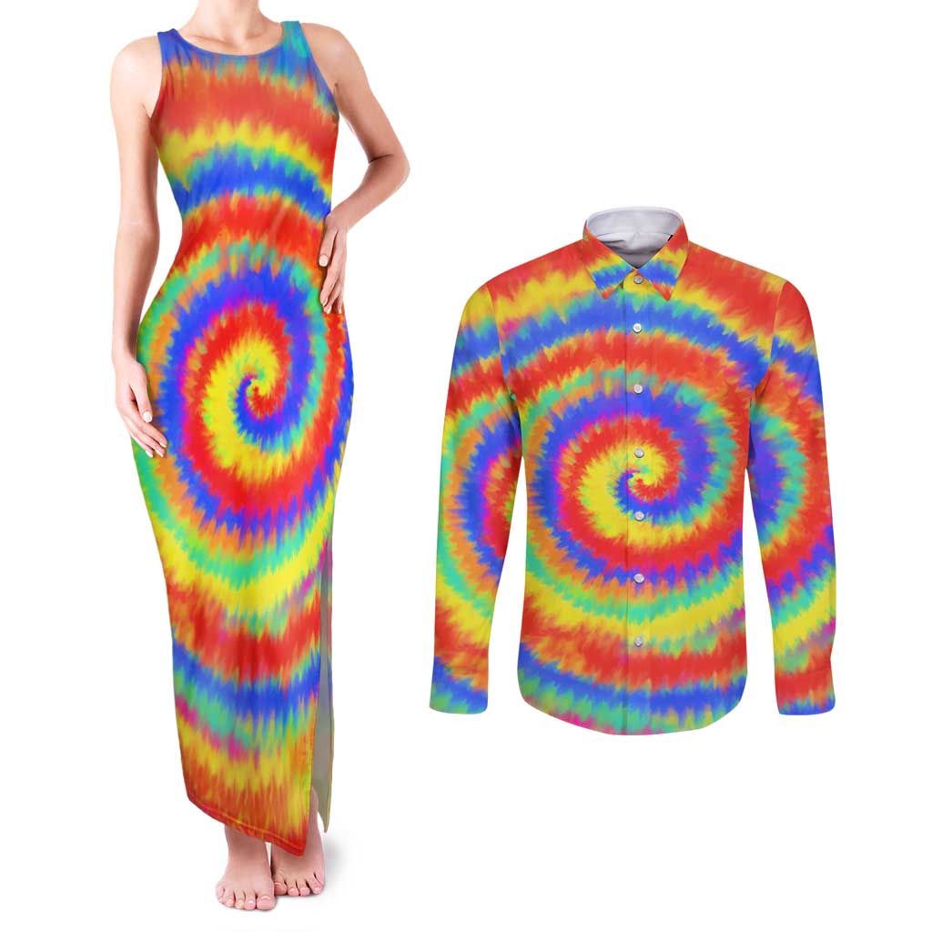 Colorful Tie Dye Spiral Goft Couples Matching Tank Maxi Dress and Long Sleeve Button Shirt Custom Name in Retro Psychedelic Style Design - Wonder Print Shop