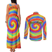 Colorful Tie Dye Spiral Goft Couples Matching Tank Maxi Dress and Long Sleeve Button Shirt Custom Name in Retro Psychedelic Style Design - Wonder Print Shop