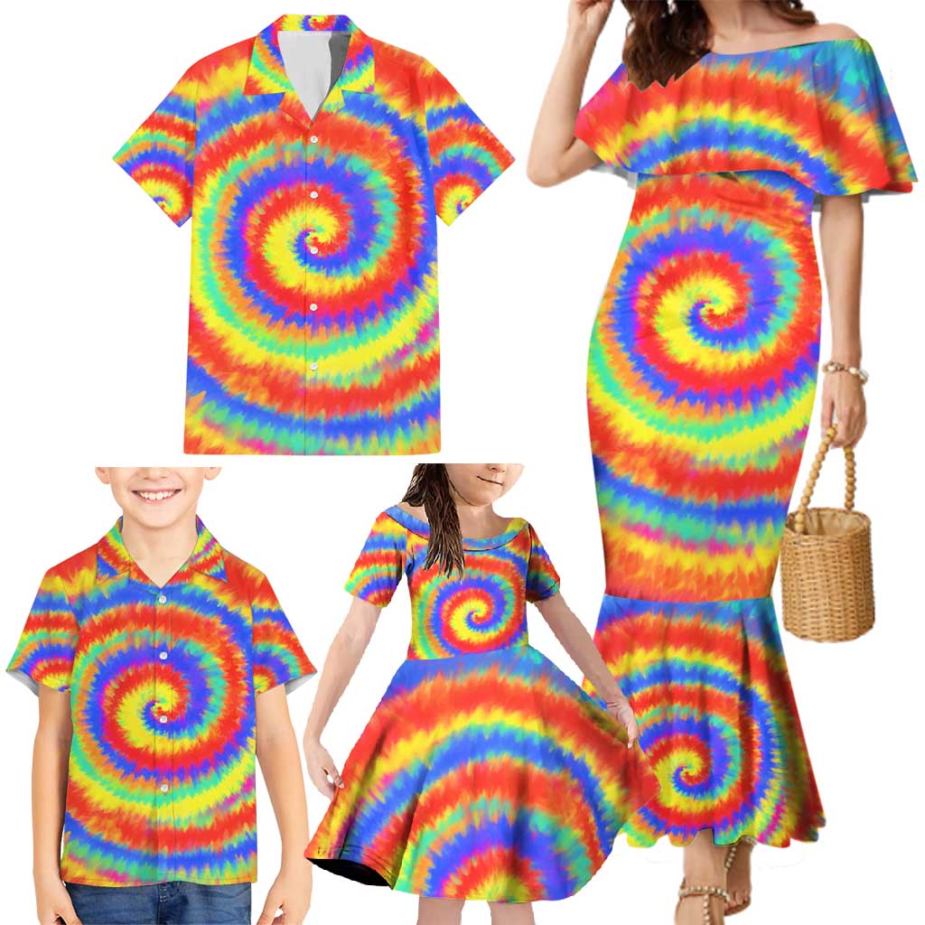 Colorful Tie Dye Spiral Goft Family Matching Mermaid Dress and Hawaiian Shirt Custom Name in Retro Psychedelic Style Design - Wonder Print Shop