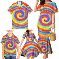 Colorful Tie Dye Spiral Goft Family Matching Mermaid Dress and Hawaiian Shirt Custom Name in Retro Psychedelic Style Design - Wonder Print Shop