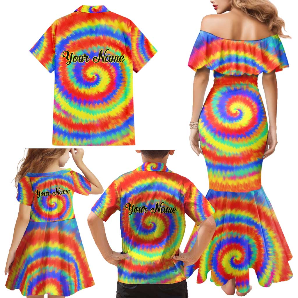 Colorful Tie Dye Spiral Goft Family Matching Mermaid Dress and Hawaiian Shirt Custom Name in Retro Psychedelic Style Design - Wonder Print Shop