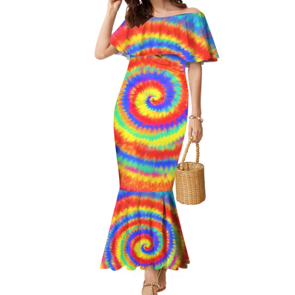 Colorful Tie Dye Spiral Goft Family Matching Mermaid Dress and Hawaiian Shirt Custom Name in Retro Psychedelic Style Design - Wonder Print Shop
