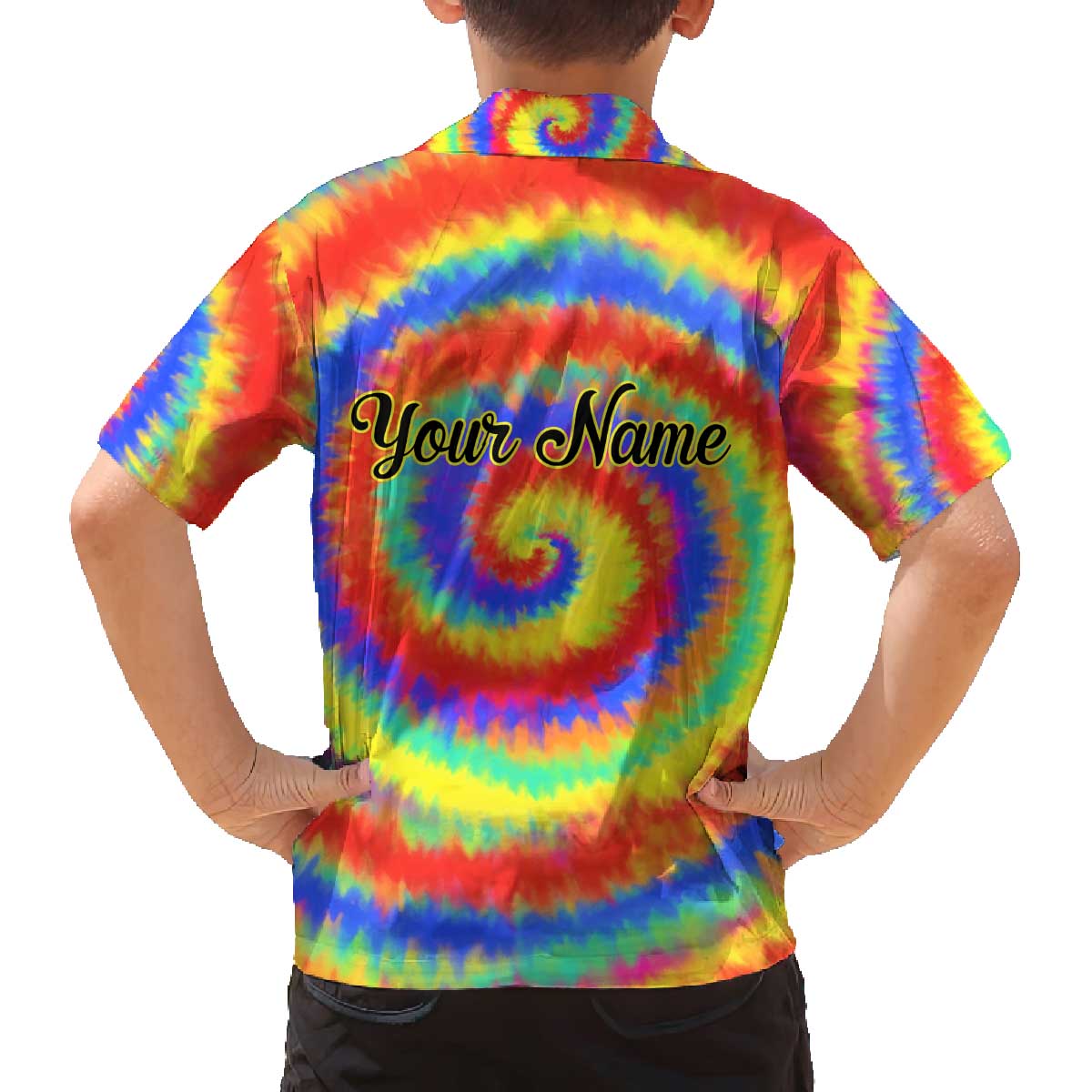 Colorful Tie Dye Spiral Goft Family Matching Off The Shoulder Long Sleeve Dress and Hawaiian Shirt Custom Name in Retro Psychedelic Style Design - Wonder Print Shop