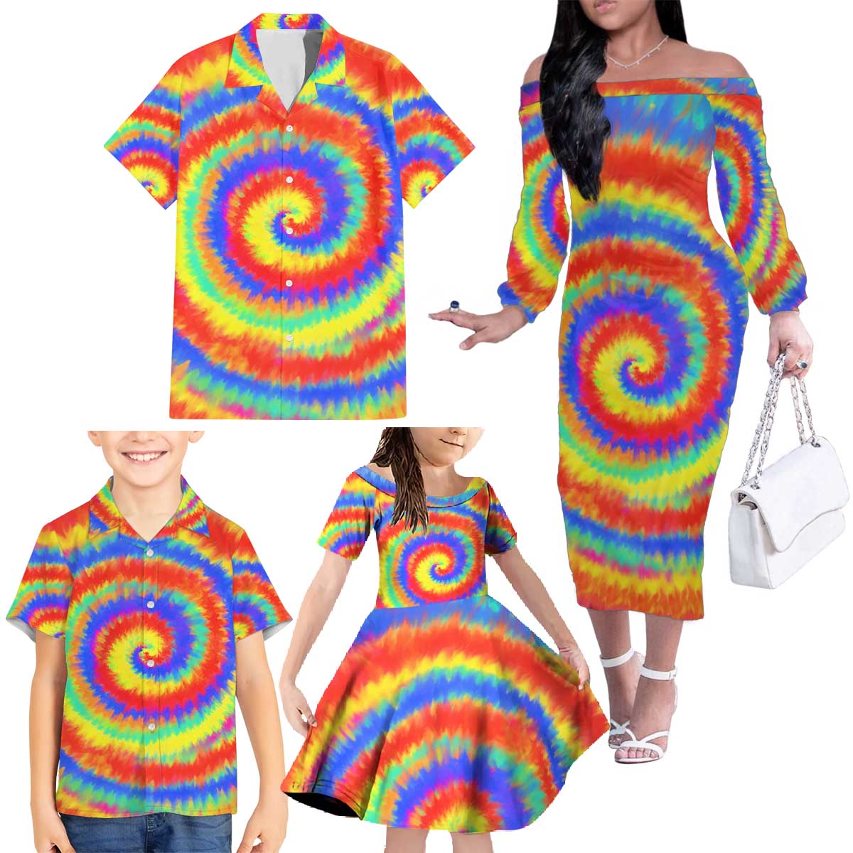 Colorful Tie Dye Spiral Goft Family Matching Off The Shoulder Long Sleeve Dress and Hawaiian Shirt Custom Name in Retro Psychedelic Style Design - Wonder Print Shop