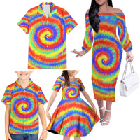 Colorful Tie Dye Spiral Goft Family Matching Off The Shoulder Long Sleeve Dress and Hawaiian Shirt Custom Name in Retro Psychedelic Style Design - Wonder Print Shop
