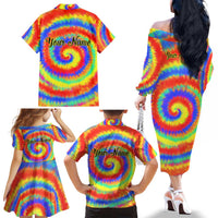Colorful Tie Dye Spiral Goft Family Matching Off The Shoulder Long Sleeve Dress and Hawaiian Shirt Custom Name in Retro Psychedelic Style Design - Wonder Print Shop