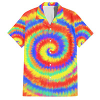 Colorful Tie Dye Spiral Goft Family Matching Off The Shoulder Long Sleeve Dress and Hawaiian Shirt Custom Name in Retro Psychedelic Style Design - Wonder Print Shop
