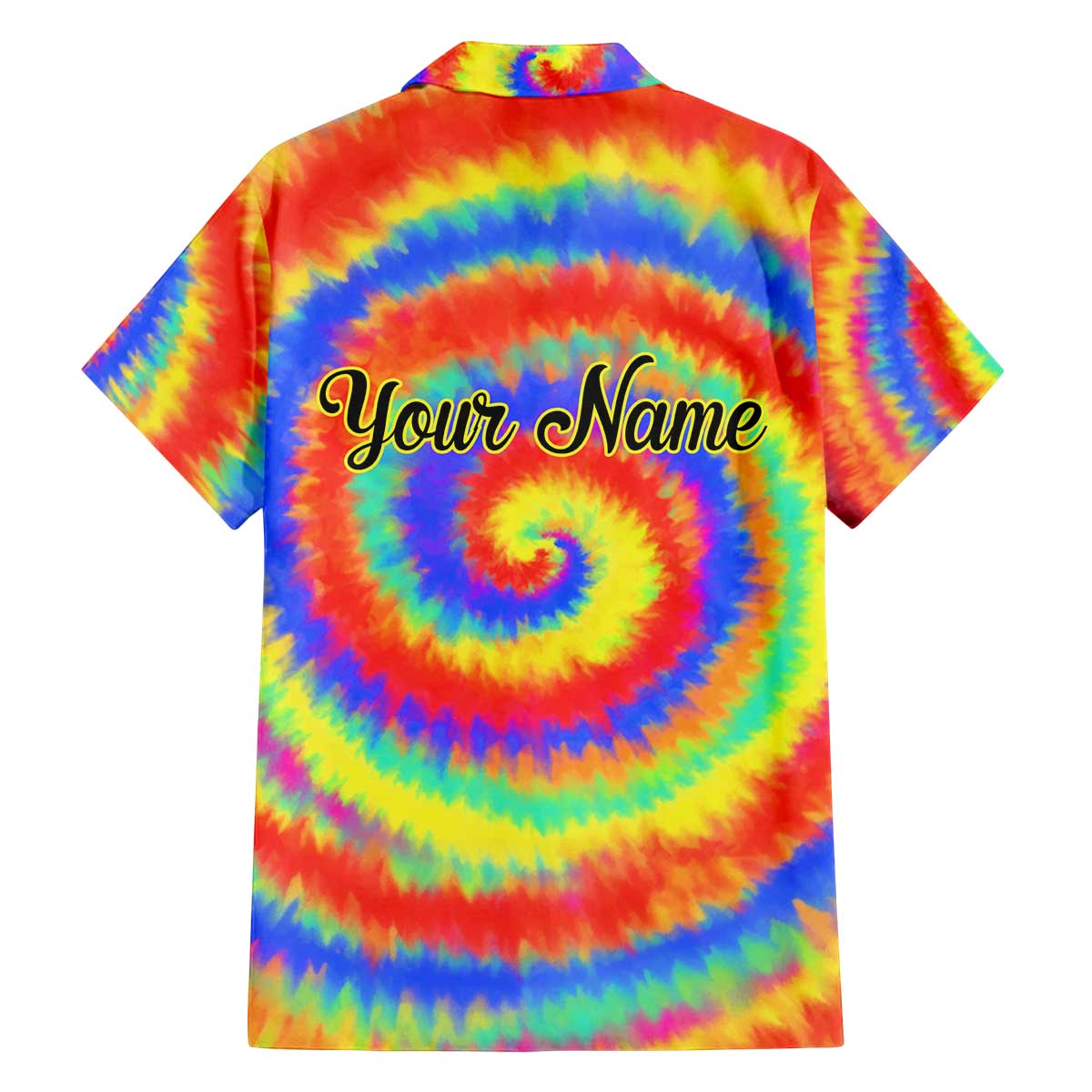 Colorful Tie Dye Spiral Goft Family Matching Off The Shoulder Long Sleeve Dress and Hawaiian Shirt Custom Name in Retro Psychedelic Style Design - Wonder Print Shop