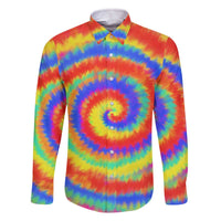 Colorful Tie Dye Spiral Goft Family Matching Off The Shoulder Long Sleeve Dress and Hawaiian Shirt Custom Name in Retro Psychedelic Style Design - Wonder Print Shop