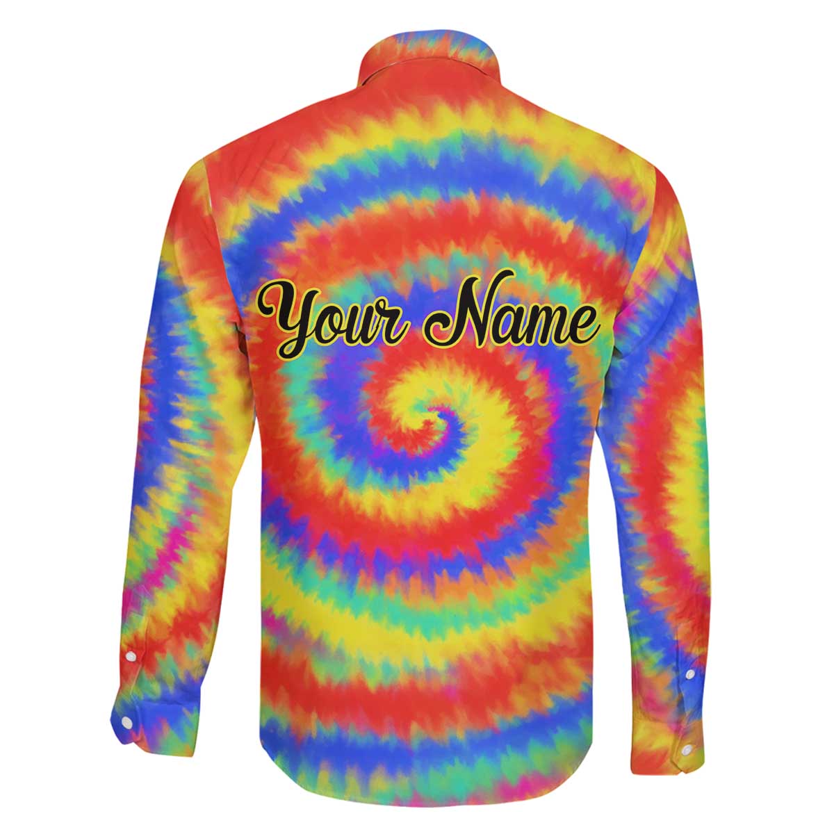 Colorful Tie Dye Spiral Goft Family Matching Off The Shoulder Long Sleeve Dress and Hawaiian Shirt Custom Name in Retro Psychedelic Style Design - Wonder Print Shop
