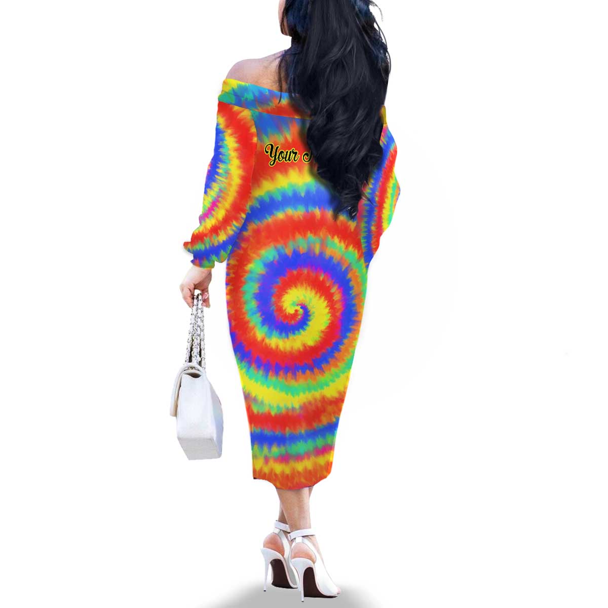 Colorful Tie Dye Spiral Goft Family Matching Off The Shoulder Long Sleeve Dress and Hawaiian Shirt Custom Name in Retro Psychedelic Style Design - Wonder Print Shop