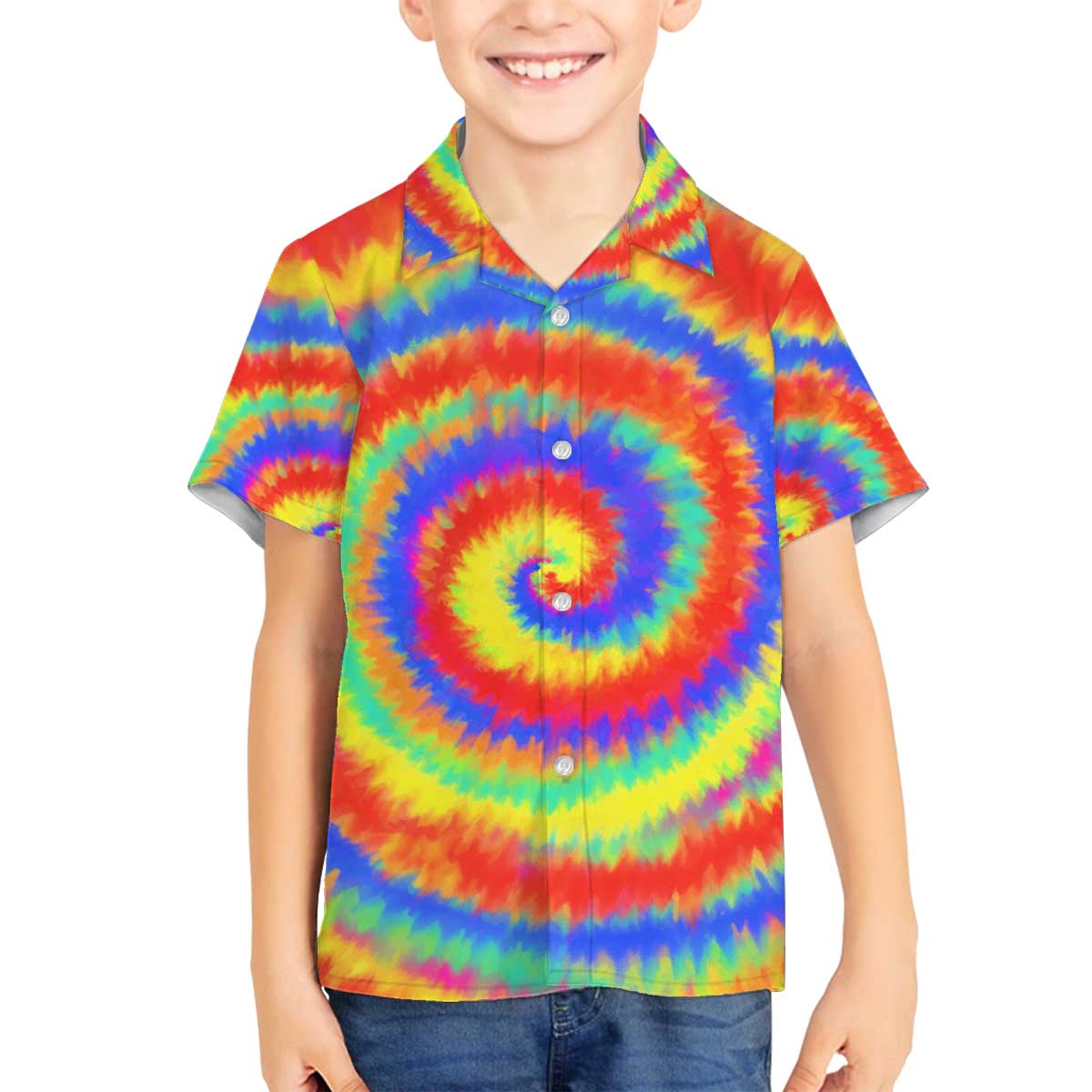 Colorful Tie Dye Spiral Goft Family Matching Off The Shoulder Long Sleeve Dress and Hawaiian Shirt Custom Name in Retro Psychedelic Style Design - Wonder Print Shop