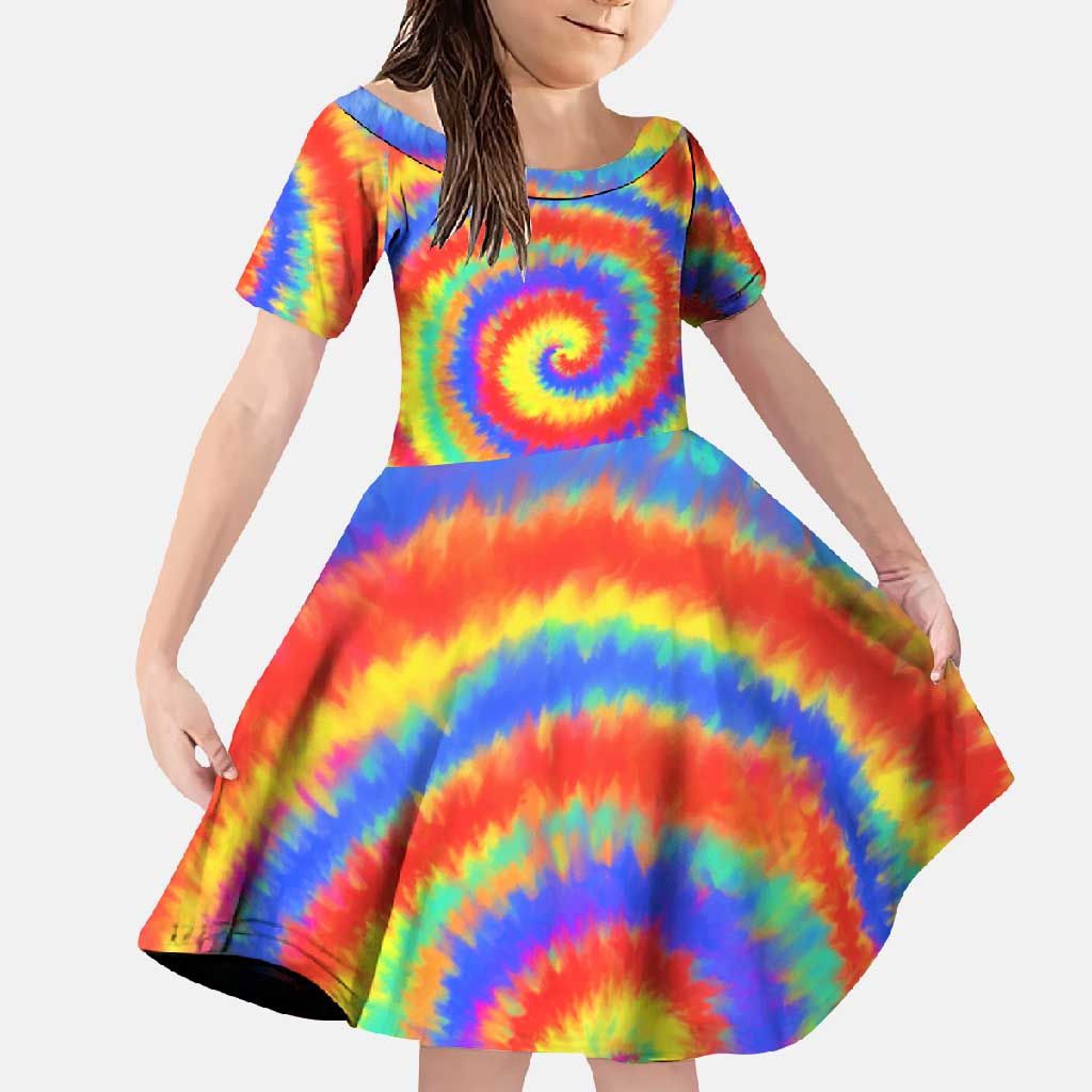 Colorful Tie Dye Spiral Goft Family Matching Off Shoulder Maxi Dress and Hawaiian Shirt Custom Name in Retro Psychedelic Style Design - Wonder Print Shop