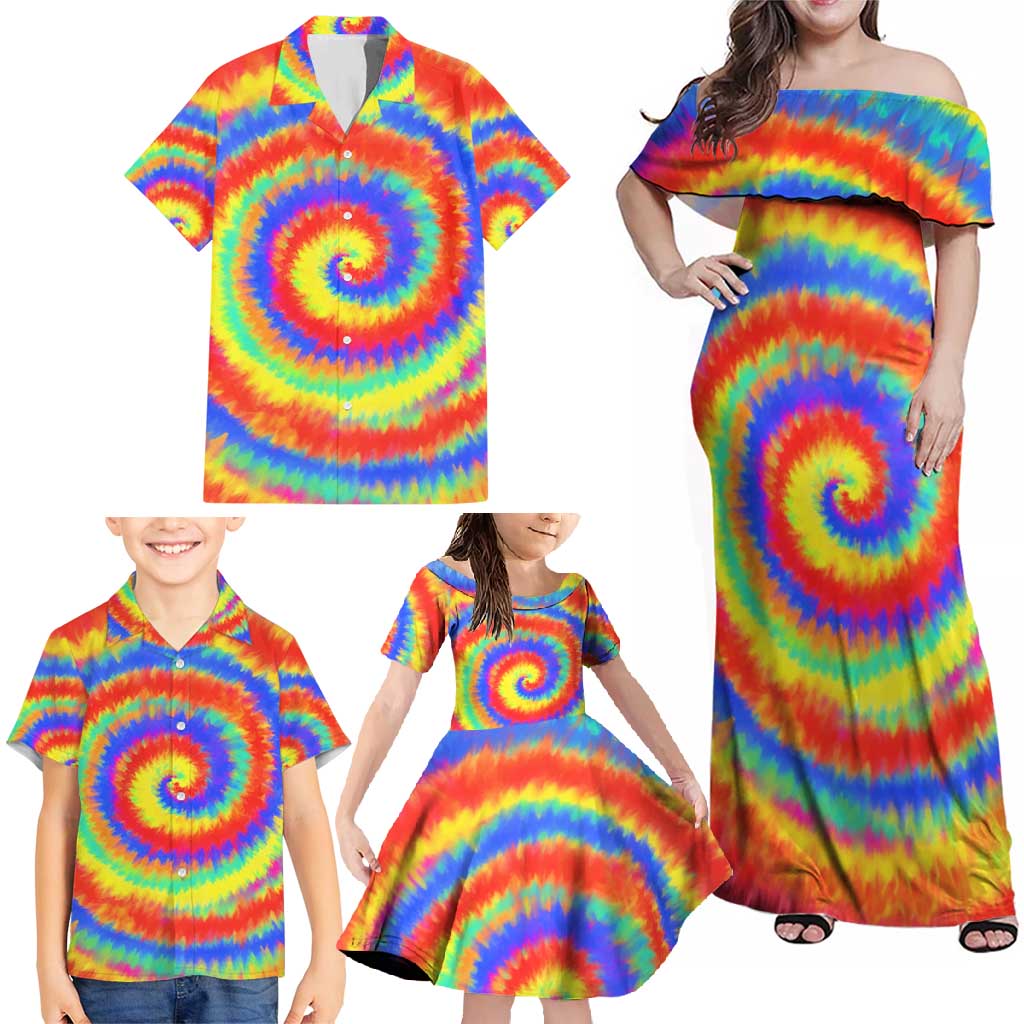 Colorful Tie Dye Spiral Goft Family Matching Off Shoulder Maxi Dress and Hawaiian Shirt Custom Name in Retro Psychedelic Style Design - Wonder Print Shop