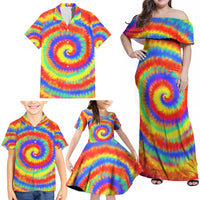 Colorful Tie Dye Spiral Goft Family Matching Off Shoulder Maxi Dress and Hawaiian Shirt Custom Name in Retro Psychedelic Style Design - Wonder Print Shop