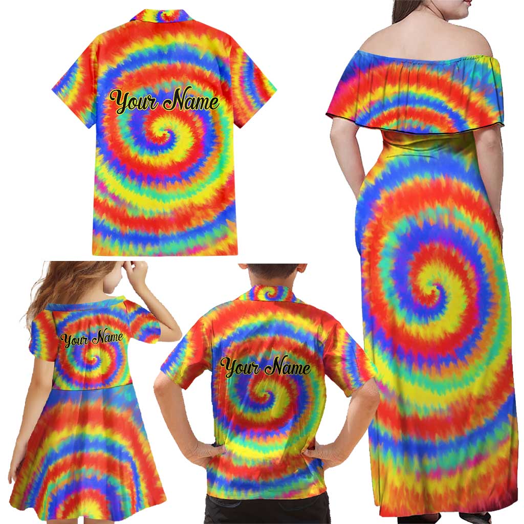 Colorful Tie Dye Spiral Goft Family Matching Off Shoulder Maxi Dress and Hawaiian Shirt Custom Name in Retro Psychedelic Style Design - Wonder Print Shop