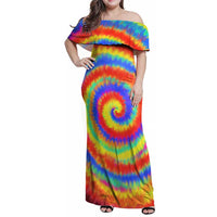 Colorful Tie Dye Spiral Goft Family Matching Off Shoulder Maxi Dress and Hawaiian Shirt Custom Name in Retro Psychedelic Style Design - Wonder Print Shop
