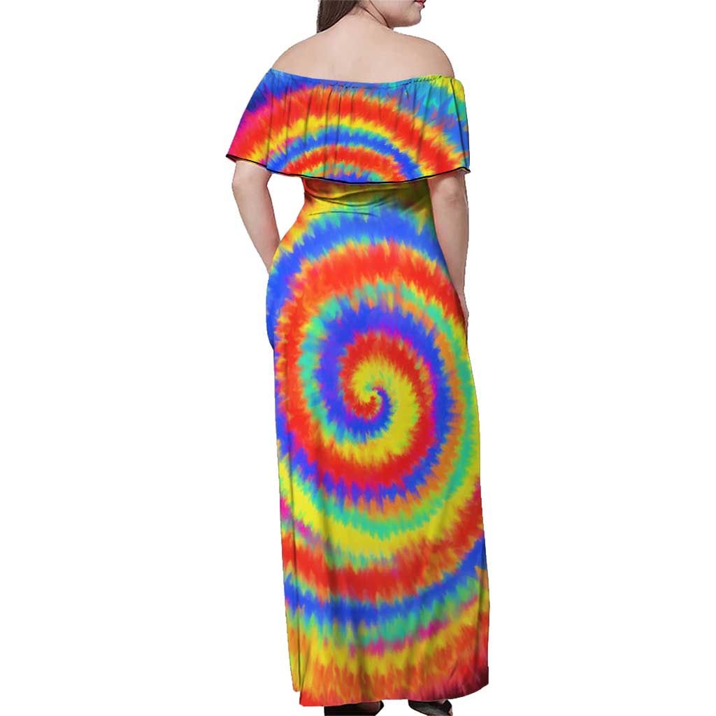 Colorful Tie Dye Spiral Goft Family Matching Off Shoulder Maxi Dress and Hawaiian Shirt Custom Name in Retro Psychedelic Style Design - Wonder Print Shop