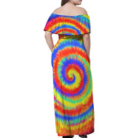 Colorful Tie Dye Spiral Goft Family Matching Off Shoulder Maxi Dress and Hawaiian Shirt Custom Name in Retro Psychedelic Style Design - Wonder Print Shop