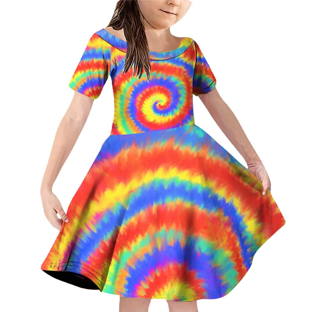 Colorful Tie Dye Spiral Goft Family Matching Off Shoulder Short Dress and Hawaiian Shirt Custom Name in Retro Psychedelic Style Design - Wonder Print Shop
