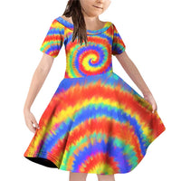 Colorful Tie Dye Spiral Goft Family Matching Off Shoulder Short Dress and Hawaiian Shirt Custom Name in Retro Psychedelic Style Design - Wonder Print Shop