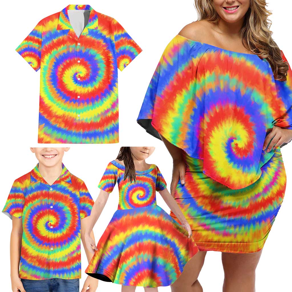 Colorful Tie Dye Spiral Goft Family Matching Off Shoulder Short Dress and Hawaiian Shirt Custom Name in Retro Psychedelic Style Design - Wonder Print Shop