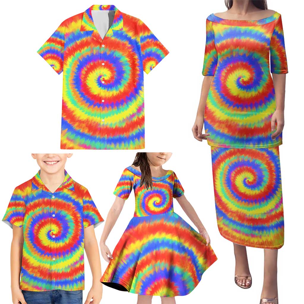 Colorful Tie Dye Spiral Goft Family Matching Puletasi and Hawaiian Shirt Custom Name in Retro Psychedelic Style Design - Wonder Print Shop