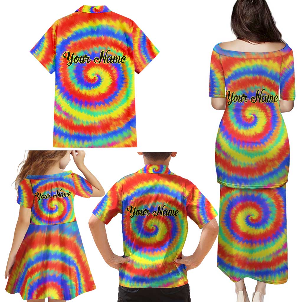 Colorful Tie Dye Spiral Goft Family Matching Puletasi and Hawaiian Shirt Custom Name in Retro Psychedelic Style Design - Wonder Print Shop